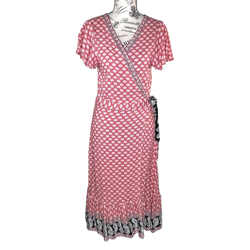 Blue Rain (L) Short Sleeve Boho Geometric Print Waist Tie Ruffle Hem Wrap Dress